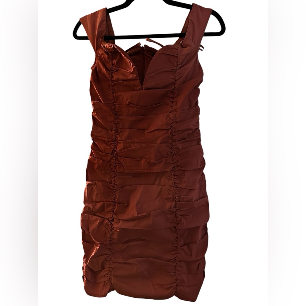 Le Château Rust-Coloured Ruched Midi Dress - Size Small